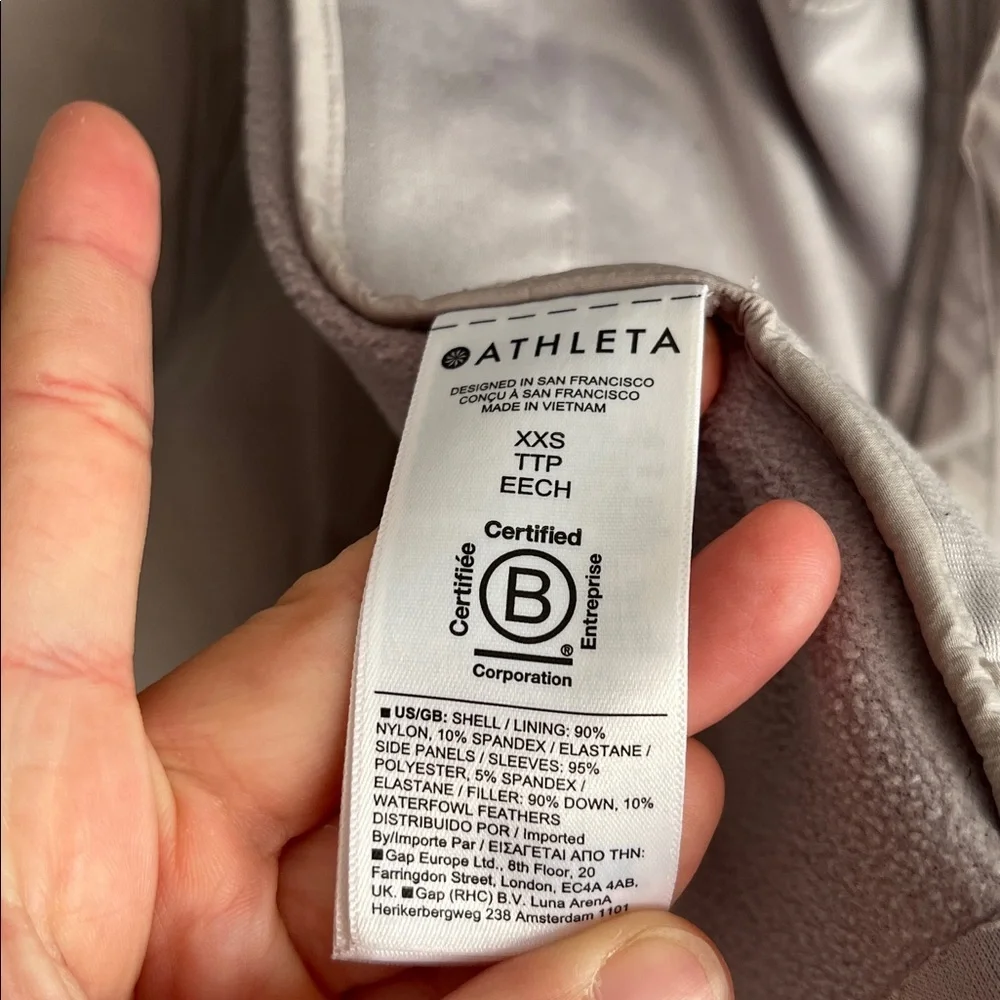 Athleta Puffer Full Zip‎ Jacket No Hood Lavender Gray Size XXS